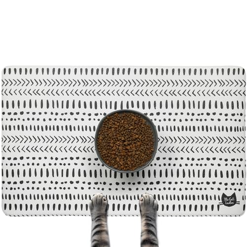 The Cat Ladies Cat Feeding Mat - Waterproof & Dishwasher Safe Small Pet Eating Placemat - Cat & Dog Food Mats for Food and Water Bowl - Protect Floors from Mess - Tribal Print - color: Black and White Tribal