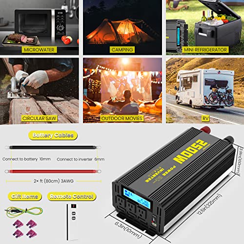 2500 Watt Modified Sine Wave Power Inverter, 12V DC to AC 110V/120V (Peak) 5000W Converter 3 Outlet Car Inverter with Remote Control and LED Display 3.4V USB Port - size: SY-12V-2500