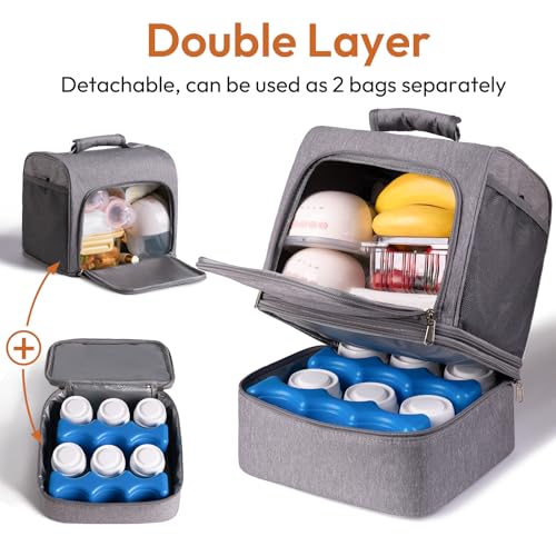 NCVI Breast Pump Bag, Double Layer Removable Pump Bag for Spectra S1, S2, Medela, Breast Pump Backpack with Ice Pack, Insulated Breast Milk Cooler Bag for Working Nursing Moms, Grey - color: Dark Grey
