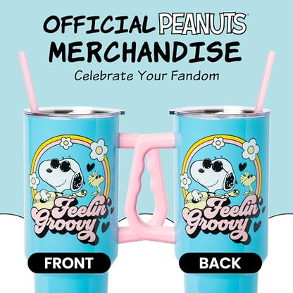Silver Buffalo Peanuts Featuring Snoopy and Woodstock Feelin' Groovy Double Walled Stainless Steel Tumbler with Handle and Straw, Fits in Standard Cup Holder, 40 Ounces - color: Peanuts Feeling Groovy