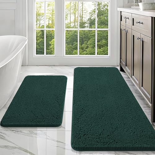 OLANLY Bathroom Rugs Sets 2 Piece, Soft Absorbent Chenille Bath Mats Set, Non-Slip, Quick Dry, Machine Washable Bath Mats for Bathroom, Home Decor Accessories (47"x20"+30"x20", Blackish Green) - color: Blackish Green, size: 47" X 20" + 30" X 20"