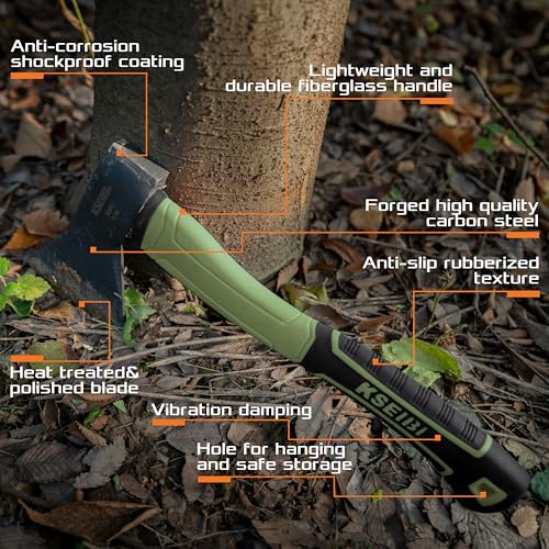 KSEIBI Hatchet with Sheath, Camping Axe for Splitting and Kindling Wood, Forged Steel Blade with Anti-Slip and Shock Reduction Handle Great Throwing Hatchets (Sausalito Green) - style: Sausalito Green