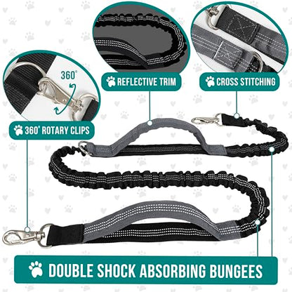 PetAmi Hands Free Dog Leash Belt Bag for Walking, Jogging - Double Zipper Pouch with Poop Bag Dispenser, Dual Padded Handles Reflective Bungee Leash, Single (Navy) - color: Navy, size: 1 Leash
