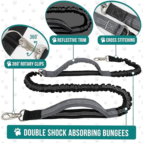 PetAmi Hands Free Dog Leash, Dog Running Leash Belt Bag for Walking, Jogging, Dog Waist Double Zipper Pouch with Poop Bag Dispenser, Dual Padded Handles Reflective Bungee Leash, Double (Turquoise) - color: Turquoise, size: 2 Leashes