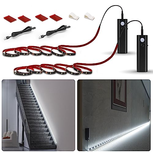 WOBANE Motion Sensor Closet Strip Lights, Rechargeable Motion Activated Light, Battery Powered 6.56ft LED Strip, 60 LEDs Homelife Bar for Wardrobe,Stair,Pantry,Counter,Cabinet,Bed,6000K White,Black - color: White, size: 2*6.56ft Black