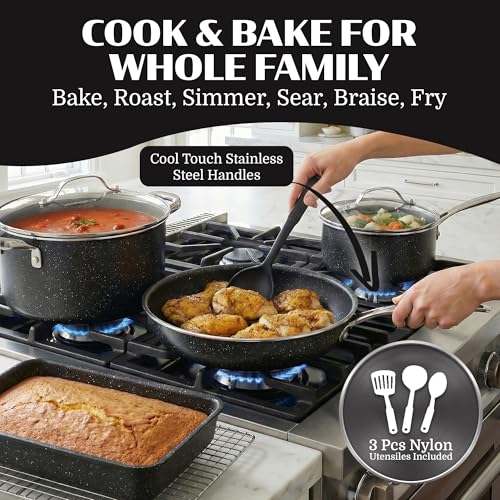 Granitestone Ceraluxe 20 Pc Ceramic Cookware Set Nonstick, Complete Pots and Pans Set Non Stick for Kitchen with Bakeware, Utensils & Steamer, Non Toxic Made Without PFOA PFOS, Oven & Dishwasher Safe - color: Black