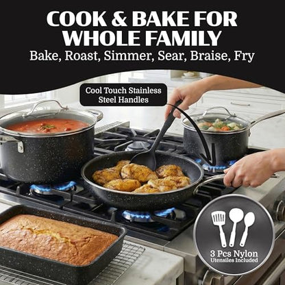 Granitestone Ceraluxe 20 Pc Ceramic Cookware Set Nonstick, Complete Pots and Pans Set Non Stick for Kitchen with Bakeware, Utensils & Steamer, Non Toxic Made Without PFOA PFOS, Oven & Dishwasher Safe - color: Black
