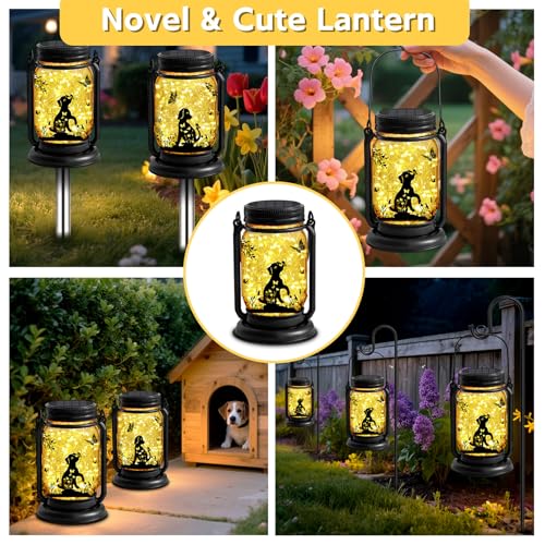 2 Pack Dog Solar Lanterns 3-IN-1 Outdoor Waterproof - Birthday Gifts for Dog Lovers Women Mom Christmas, Mason Jar Hanging Lanterns with Stake, Garden Decor Lights for Patio Yard Balcony Decorations - style: Dog-2