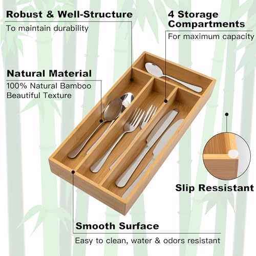 Silverware Organizer - Bamboo Kitchen Drawer Utensil Holder with 4 Slots (Natural) - color: Natural, size: 4 Slots