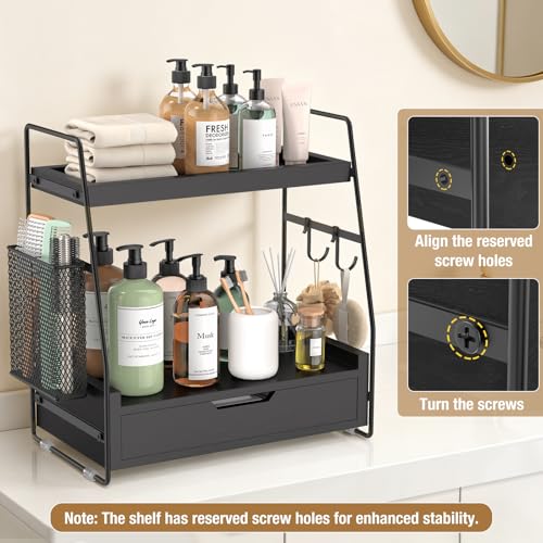 2-Tier Bathroom Counter Organizer with Drawer and Removable Basket, Wood Vanity Countertop Storage for Perfume, Makeup, Skincare, Bathroom Counter Shelf, 13" x 7.9" x 14.5", Black - color: Black