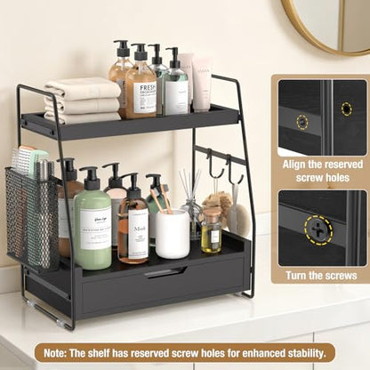 2-Tier Bathroom Counter Organizer with Drawer and Removable Basket, Wood Vanity Countertop Storage for Perfume, Makeup, Skincare, Bathroom Counter Shelf, 13" x 7.9" x 14.5", Black - color: Black