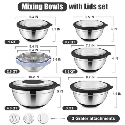 E-far Mixing Bowls with Lids Set, 15PCS Stainless Steel Mixing Nesting Bowl with Colander & 3 Metal Grater for Kitchen Prep/Baking/Storage, Non-Slip Bottom & Airtight Lid, 4.6, 3, 1.5, 1, 0.7QT, Black - color: Black