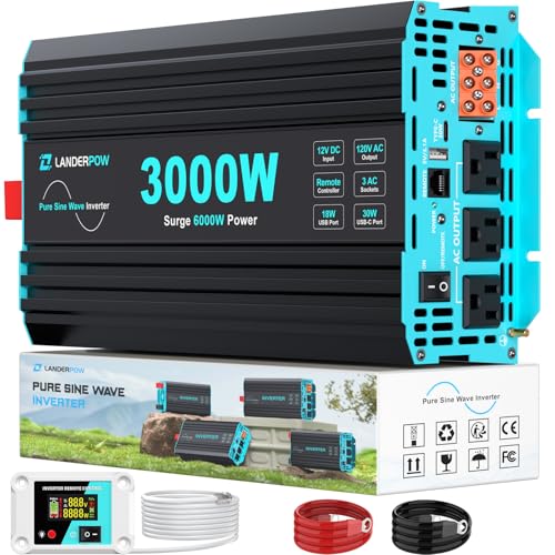 3000 Watt Pure Sine Wave Inverter 12V DC to 120V AC for RV, Truck, Solar, Home, Off-Grid, Power Inverter with 3 AC Outlet, 30W USB-C, 5V 3.1A USB, Hardwire Port, Remote Control, Surge 6000W - color: Black+Blue, size: 12V-3000W Pure Sine Wave Inverter