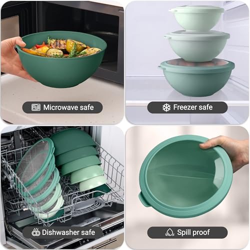 Zulay Kitchen 12-Piece Plastic Mixing Bowl Set - Colorful Nesting Bowls with Lids - Microwave & Freezer Safe (Teal Ombre) - color: Teal