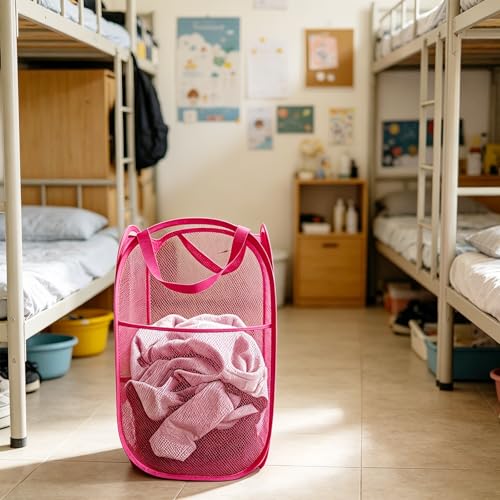 Larpur Popup Laundry Basket, Collapsible Portable Mesh Clothes Washing Laundry Hamper with Reinforced Carry Handles (Pink) - color: Pink