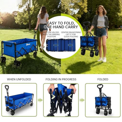 Extra Long Collapsible Wagon Cart, 480LBS Heavy Duty Utility Wagons with All-Terrain Wheels, Foldable Grocery Carts for Gardening, Shopping, Beach, Camping, Royal Blue - color: Royal Blue