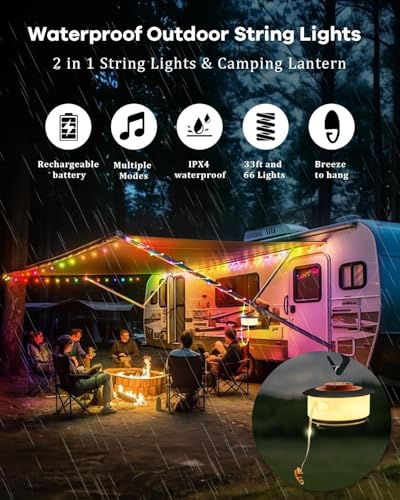 HOMEBEST Upgraded 33FT RGB Camping String Lights, Retractable Camping Lights with Music Sync, 19 Modes, Rechargeable Waterproof Tent Lights, Portable Camping Lantern for Tent, RV, Awning - color: Black&Orange