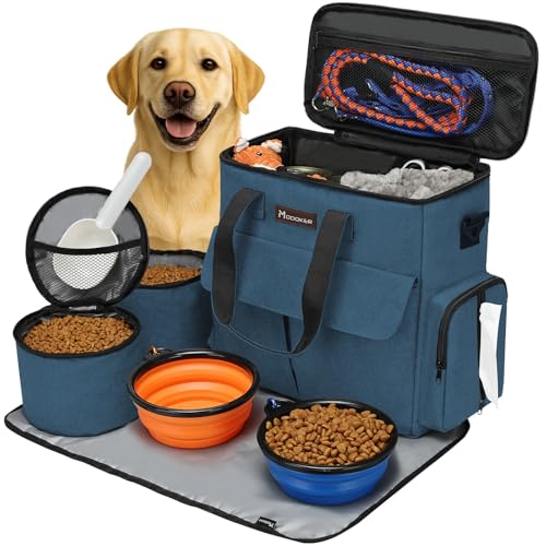 Modoker Dog Travel Bag, Weekend Pet Travel Set for Dog and Cat, Airline Approved Tote Organizer with Multi-Function Pockets, 2 Food Storage Containers, 2 Collapsible Bowls, 1 Feeding Mat (Blue) - color: Blue