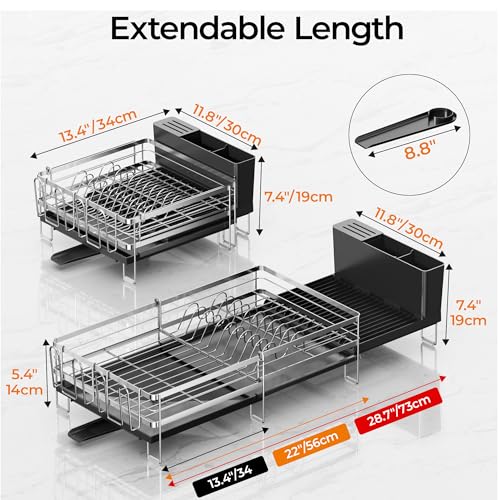 Delamu Stainless Steel Dish Drying Rack, Expandable Dish Drainer, Anti-Rust Large Dish Racks for Kitchen Counter, Dish Strainers with Drainboard, Utensil & Cup Holder, 13.4"-28.7" L x 11.8" W, Silver - color: Silver