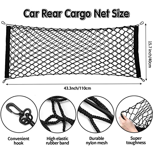 Tallew 2 Pcs Car Rear Cargo Net, Adjustable Elastic Mesh Cargo Net, 3 Pocket Heavy Duty Trunk Bed Storage Organizer, Universal for Car SUV Vehicle Pickup Truck with Accessories(43.3 x 15.7 Inches)
