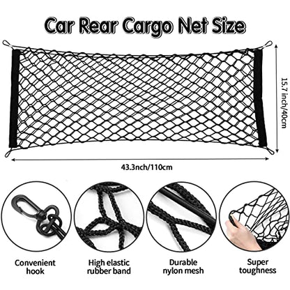 Tallew 2 Pcs Car Rear Cargo Net, Adjustable Elastic Mesh Cargo Net, 3 Pocket Heavy Duty Trunk Bed Storage Organizer, Universal for Car SUV Vehicle Pickup Truck with Accessories(43.3 x 15.7 Inches)