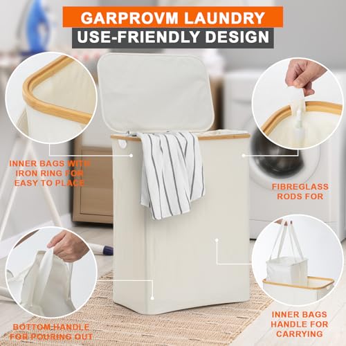 GARPROVM Double Laundry Hamper with Lid 150L Large Laundry Basket with Bamboo Handles Foldable Clothes Hampers with 2 Removable Liner Bags for Laundry for Bedroom Bathroom Dorm Laundry Room (Beige) - color: Beige