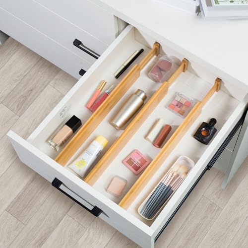 VaeFae 6-Pack Adjustable Bamboo Drawer Dividers, Expandable Drawer Organizer for Kitchen Utensils, Clothes, Bathroom, Office – Fits Drawer Interiors 16.6" to 21.8" - size: 2.4''H, 16.6''-21.8''L, 6 Pack