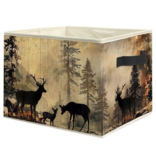 Vintage Camping Forest Deer Nursery Storage Bin Box with Handles, Farmhouse Rustic Deer Foldable Linen Fabric Laundry Basket for Kids Room Nursery Playroom Bathroom Home Clothes Toys Books - color: Forest Deer