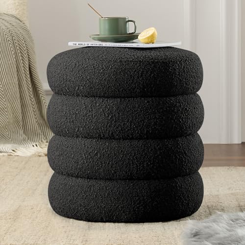 Krcix Round Ottoman with Storage Boucle Ottoman Stool with Storage Removable Lid for Living Room Modern Vanity Sorage Stool Foot Rest Bedroom Dorm Gift Set of 1 (Black) - color: Black, size: set of 1