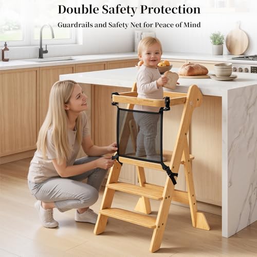 COSYLAND Foldi Foldable Toddler Kitchen Stool - Adjustable Height Toddler Standing Tower with Net & Safety Feet, IF Award-Winning Wooden Learning Step Tower for Kids Ages 18M-6Y, Natural - color: Natural