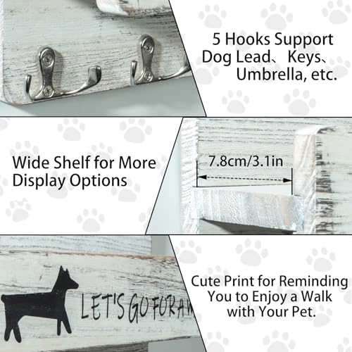 Wood Dog Leash Holder for Wall, Key Hangers with 5 Double Key Hooks, Dog Leash Hanger Wall Mounted for Entryway, Farmhouse Treats,35cm,White - color: White