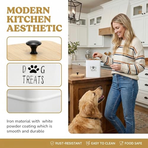 SOUJOY 2 Pack Dog Treat Container, 3Lbs Airtight Pet Food Storage Container with Lid, 7"x5" Iron Small Pet Treat Canister for Cookie, Bone, Biscuit, Dog Food Bin for Kitchen Counter, White
