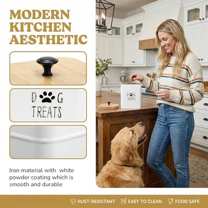 SOUJOY 2 Pack Dog Treat Container, 3Lbs Airtight Pet Food Storage Container with Lid, 7"x5" Iron Small Pet Treat Canister for Cookie, Bone, Biscuit, Dog Food Bin for Kitchen Counter, White