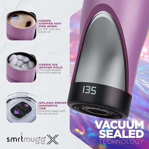 SMRTMUGG X Heated Coffee Mug 19 oz., 8 Hour Battery Life, Self-Heating, Adjustable Temp Controlled, LCD Screen, Includes Cover with Magnetic Slider (Black) (Lilac) - color: Lilac
