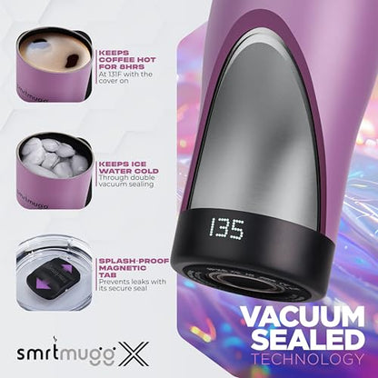 SMRTMUGG X Heated Coffee Mug 19 oz., 8 Hour Battery Life, Self-Heating, Adjustable Temp Controlled, LCD Screen, Includes Cover with Magnetic Slider (Black) (Lilac) - color: Lilac
