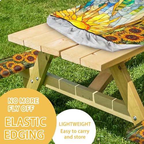 Picnic Table Cover with Bench Covers 72IN 6FT, Camping Essentials Tablecloth Waterproof Oilproof with elastic Edge for Indoor Outdoor Patio (Sunflower Sun) - color: Sunflower Sun