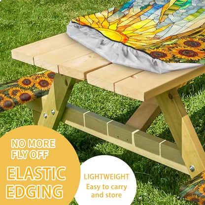 Picnic Table Cover with Bench Covers 72IN 6FT, Camping Essentials Tablecloth Waterproof Oilproof with elastic Edge for Indoor Outdoor Patio (Sunflower Sun) - color: Sunflower Sun
