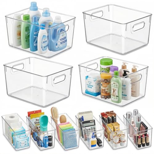 MOONEDGE 10 Pack Clear Plastic Storage Organizer Bins – 4 Large & 6 Deep Narrow, Nestable Space-Saving Storage Containers for Under Sink, Bathroom, Kitchen, Pantry & Cabinet Organization - color: 4 PK & Small 6 PK