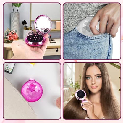 Shinning Diamond Design Folding Hair Brush Travel Hairbrush with Mirror,Pocket Foldable Comb Compact Brush for Purse for Girls and Women (Violet) - color: Diamond Violet