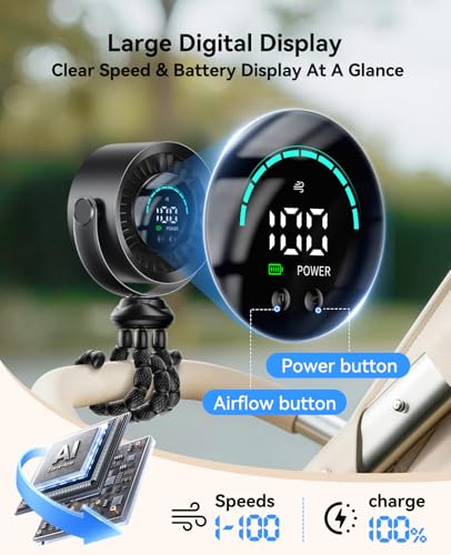 KIMMOO Portable Baby Stroller Fan, 360° Adjustable Quiet Rechargeable USB Fan with LED Display, 100 Speeds Safe Clip Fan for Stroller, Powerful Cooling Fan for Golf Car Seat Treadmill Travel, Black - color: Black