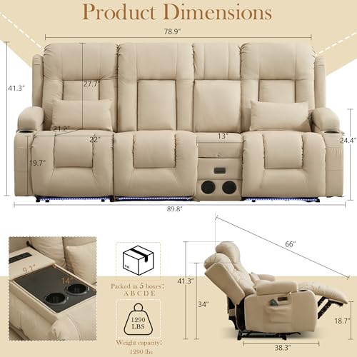TUNYI Power Loveseat Recliner Sofa with Massage & Heat Home Theater Seating with Console RV Recliner Loveseat Sofa with USB/Storage/Side Pocket/LED Light/Speaker (Beige, 3 Seat with Console) - color: Beige, size: 3 Seat with console