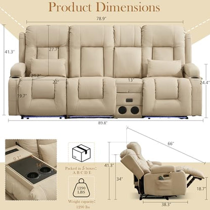 TUNYI Power Loveseat Recliner Sofa with Massage & Heat Home Theater Seating with Console RV Recliner Loveseat Sofa with USB/Storage/Side Pocket/LED Light/Speaker (Beige, 3 Seat with Console) - color: Beige, size: 3 Seat with console