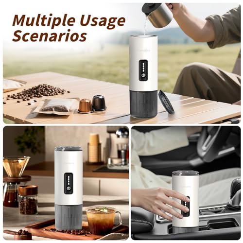 3-in-1 Portable Espresso Maker 20 Bar Self-Heating Stainless Steel Fits Ground Coffee & Nespresso Capsules USB-C Rechargeable for Camping Car Hiking Office - color: White