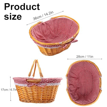 GNIEMCKIN 14 Inch Wicker Basket with Handle, Wicker Picnic Baskets with Red Liner, Oval Willow Woven Basket for Fruit, Wine, Wedding, Picnic - size: 14 Inch