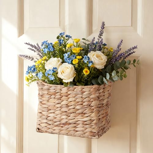 Set of 2 Wicker Hanging Wall Basket Woven Hanging Baskets Natural Water Hyacinth Wall Mounted Storage Baskets with Handle Farmhouse Home Decor for Organizing Front Door Entryway Mail Flowers Plant