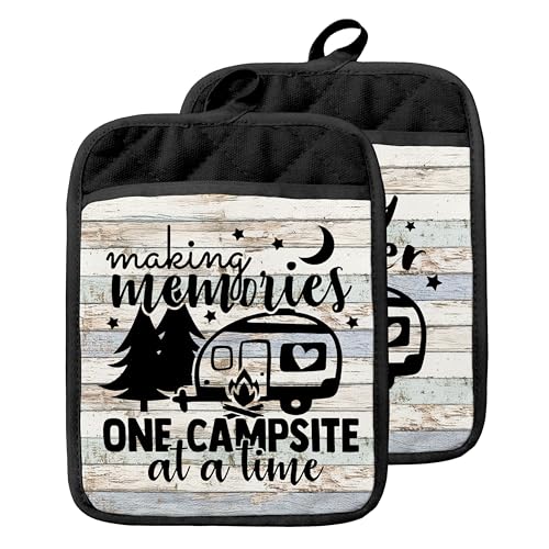 Vintage Rustic Camping Pot Holders with Pockets, Camper Camping Lover Gifts Oven Pot Holders Heat Resistant Oven Mitts Hot Pads for Kitchen Baking Cooking - color: Campfire-g