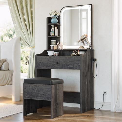 LIKIMIO Small Makeup Vanity Desk with Mirror and Lights, Vanity Table Set with Storage Drawer, Chair and Three Shelves, Bedroom, Charcoal Grey - color: Charcoal Grey