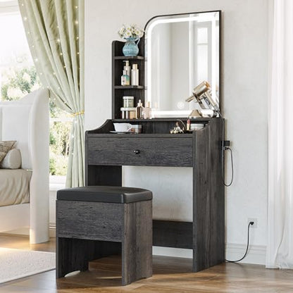 LIKIMIO Small Makeup Vanity Desk with Mirror and Lights, Vanity Table Set with Storage Drawer, Chair and Three Shelves, Bedroom, Charcoal Grey - color: Charcoal Grey