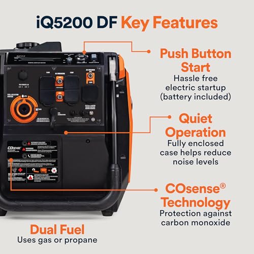 Generac 5,200-Watt Dual-Fuel Portable Inverter Generator - Gas and Propane Compatible - Quiet Operation - Clean, Stable Power - CA Compliant - Great for Home Backup, Camping, and RV Use - style: 5200-Watt Inverter - Electric Start + COsense - 50 ST