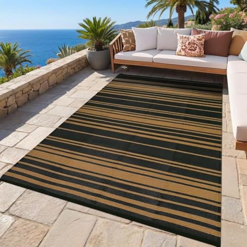 GAOMON 8x10 Modern Lines Reversible Outdoor Rug Waterproof Geometric Striped Plastic Straw Outdoor Rug UV-Resistant Portable Outdoor Large Carpet Mat for Camping Patio Balcony Picnic Black Brown - color: Geometric Stripes| Black Brown, size: 8' x 10' (Rec